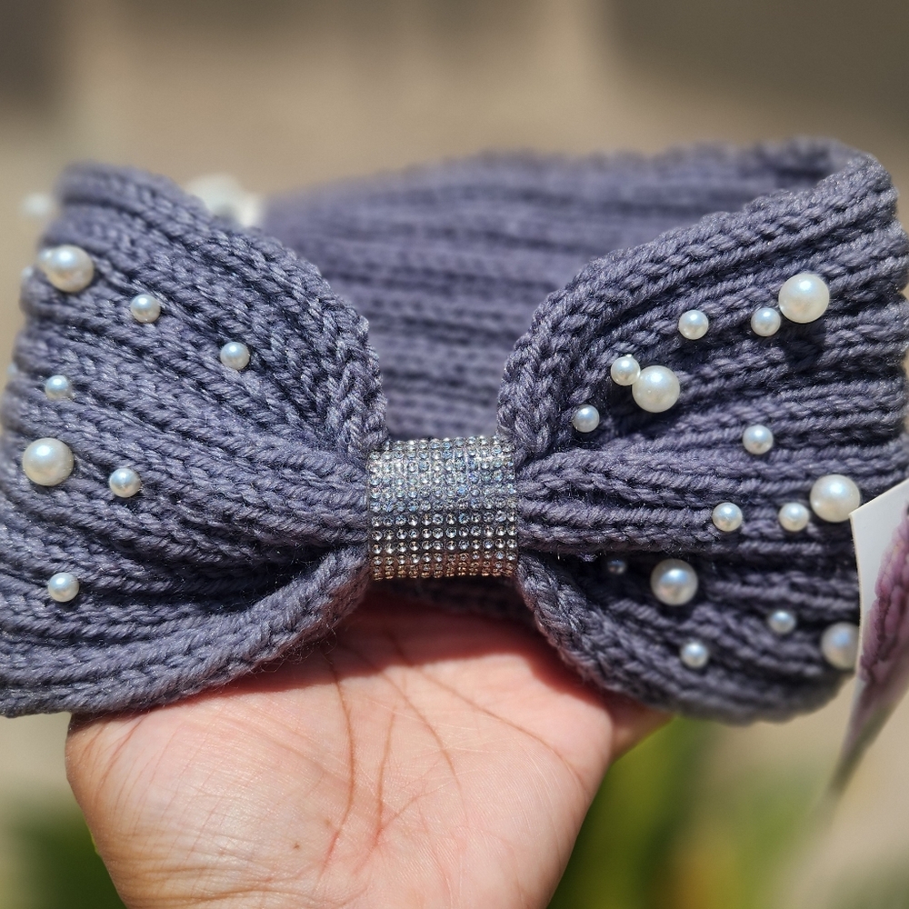 Women's Elegant Gray Knitted Headband/Ear Warmer with Pearls By KENSIE